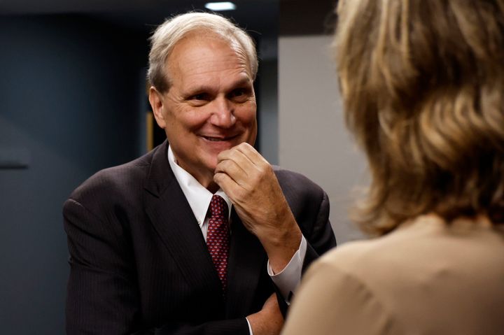 State Sen. Tim Melson talks with media before the legislature debates over SB159 bill (IVF Fertility Bill) in the House Chambers, Wednesday, March 6, 2024, in Montgomery, Ala. (AP Photo/ Butch Dill)