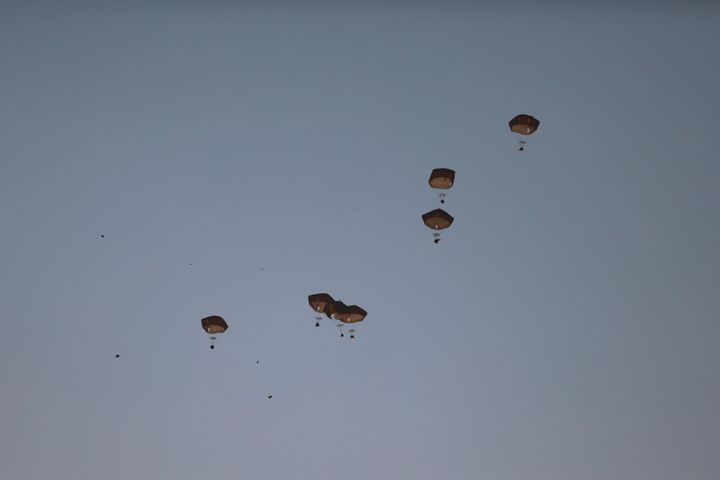 Humanitarian aid is dropped by the United States over Gaza City, Gaza Strip, on Saturday, March 2, 2024.