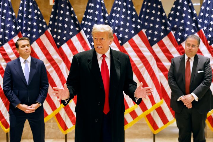 NEW YORK, NEW YORK - MARCH 25: Former President Donald Trump speaks during a press conference at 40 Wall Street after a pre-trial hearing on March 25, 2024 in New York City. Judge Juan Merchan scheduled Trump's criminal trial to begin on April 15, which would make it the first criminal prosecution of a former American president. Trump was charged with 34 counts of falsifying business records last year, which prosecutors say was an effort to hide a potential sex scandal, both before and after the 2016 election. (Photo by Michael M. Santiago/Getty Images)