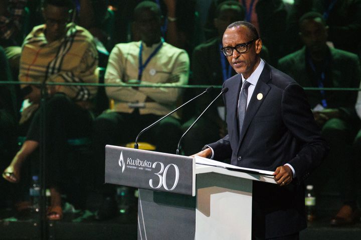 The President of Rwanda, Paul Kagame, speaks at a commemoration event at the BK arena during the start of 100 days of remembrance, as Rwanda commemorates the 30th anniversary of the Tutsi genocide, on April 7, 2024 in Kigali, Rwanda.