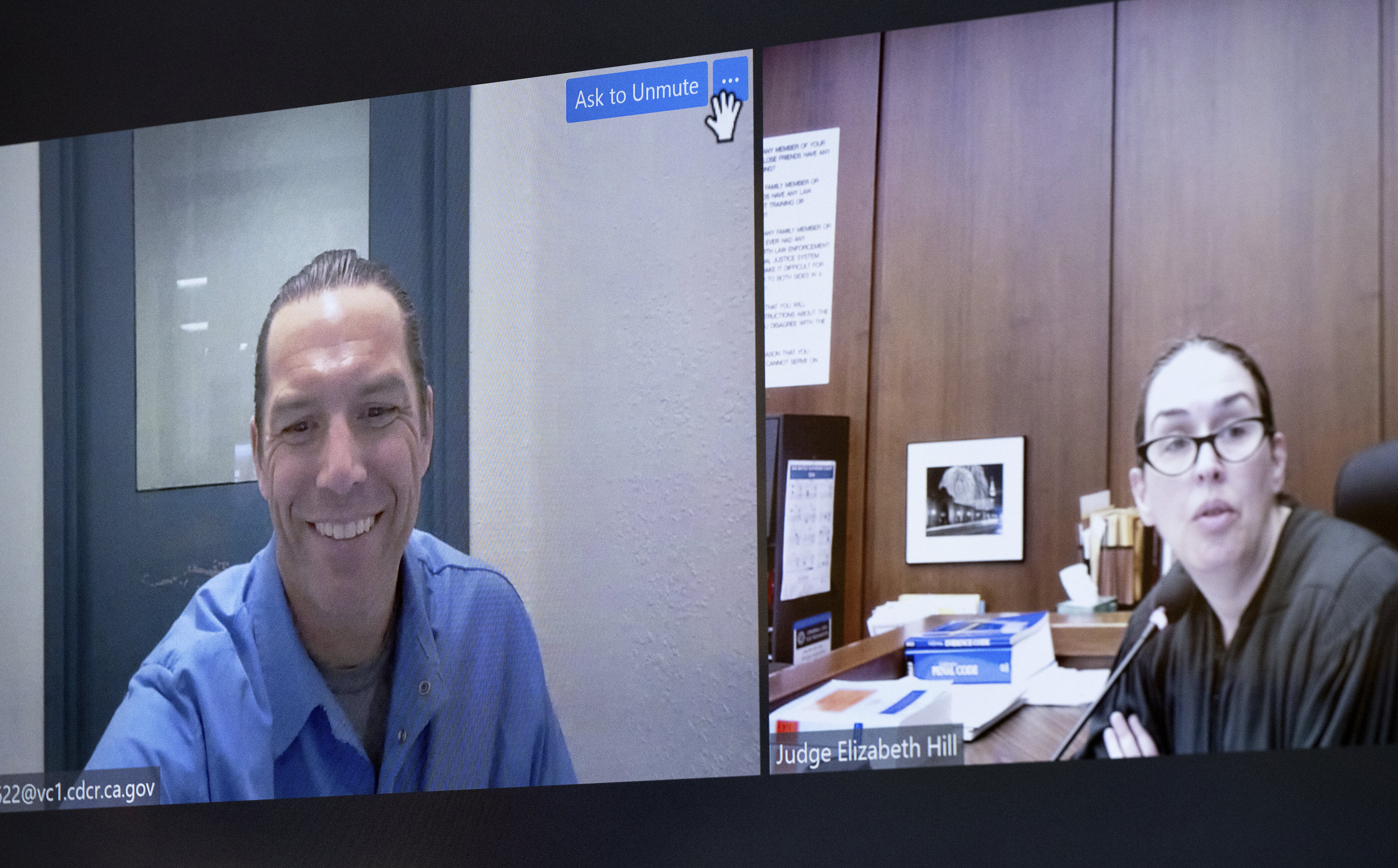 Scott Peterson, left, is seen addressing a San Mateo County judge from prison in March. Peterson has continued to profess his innocence in the murders of his wife and their unborn child.