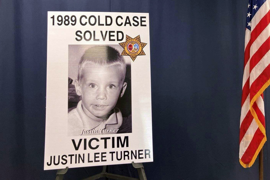 An image of victim Justin Lee Turner is displayed during a news conference, Jan. 10, 2024, in Moncks Corner, S.C.