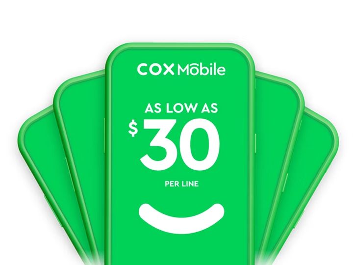 Green cards that read Cox Mobile, "As low as $30 per line"