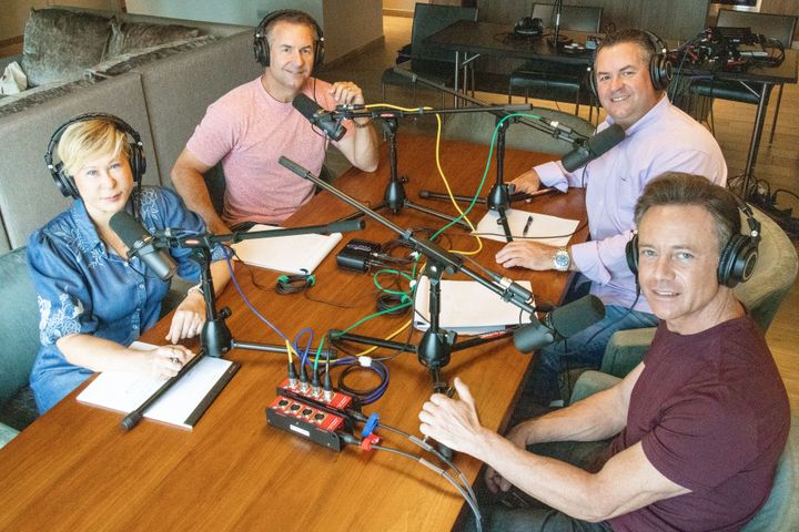 From left: Yeardley Smith, Dan Grice, Dave Grice and Paul Holes record the podcast "Small Town Dicks."