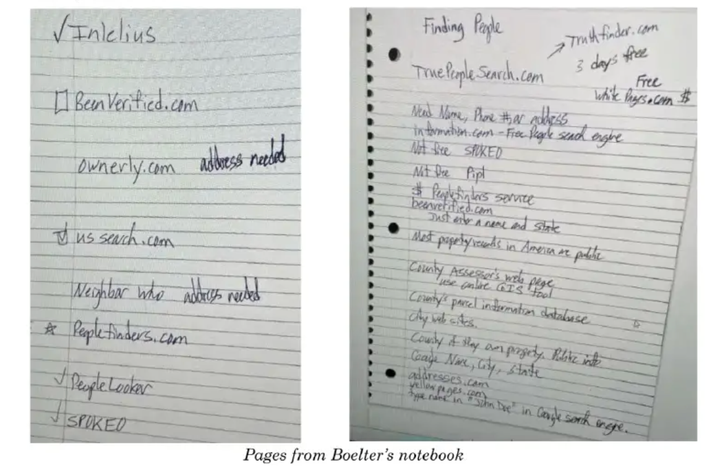 Above are pages from the notebook included in the criminal complaint against Boelter. Listed are "people search" sites used to look up people's addresses.